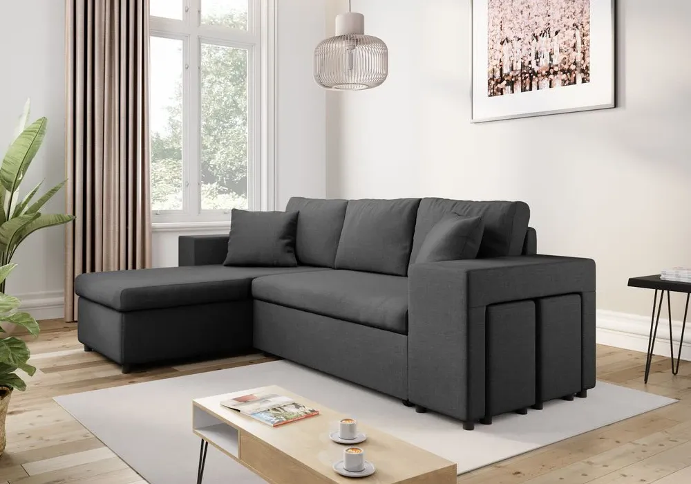 Salon d’Angle Convertible Gris avec Poufs – Image 2