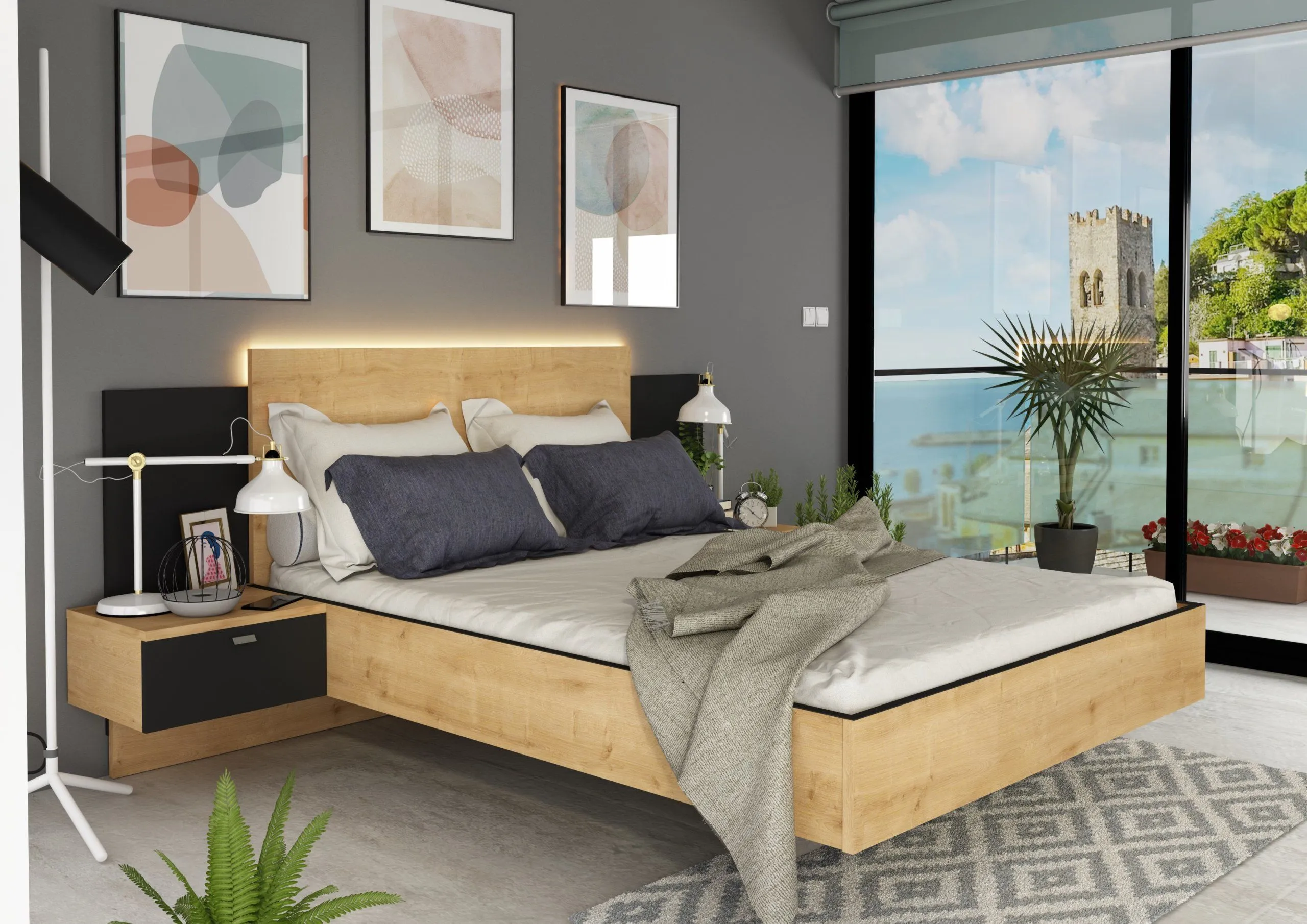 Lit LED 140x190cm avec Chevets Intégrés Hamilton