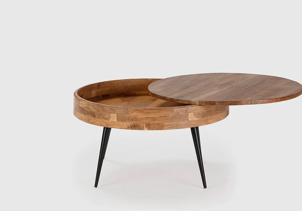 Table de Salon Ronde en Bois d’Acacia avec Plateau Ouvrant Kali – Image 2