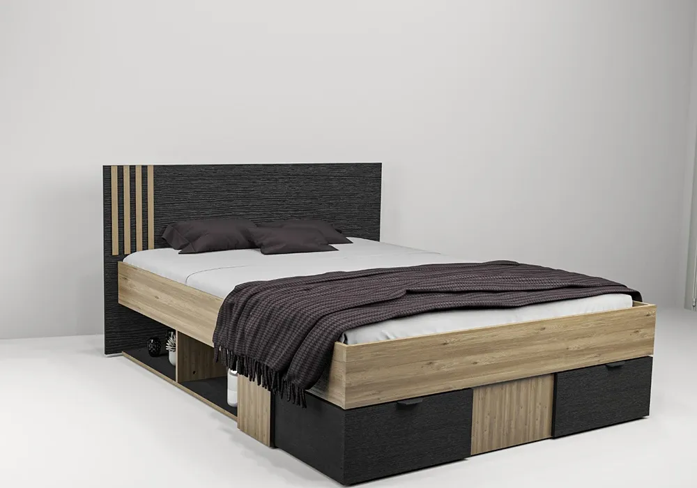 Lit 160x200cm Chêne /Noir avec 2 Tiroirs (Collection Maden)