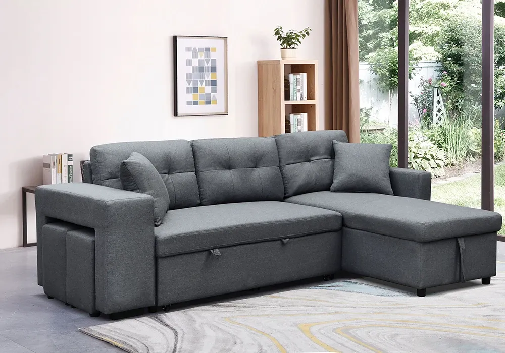 Salon d’Angle Convertible Gris avec Poufs