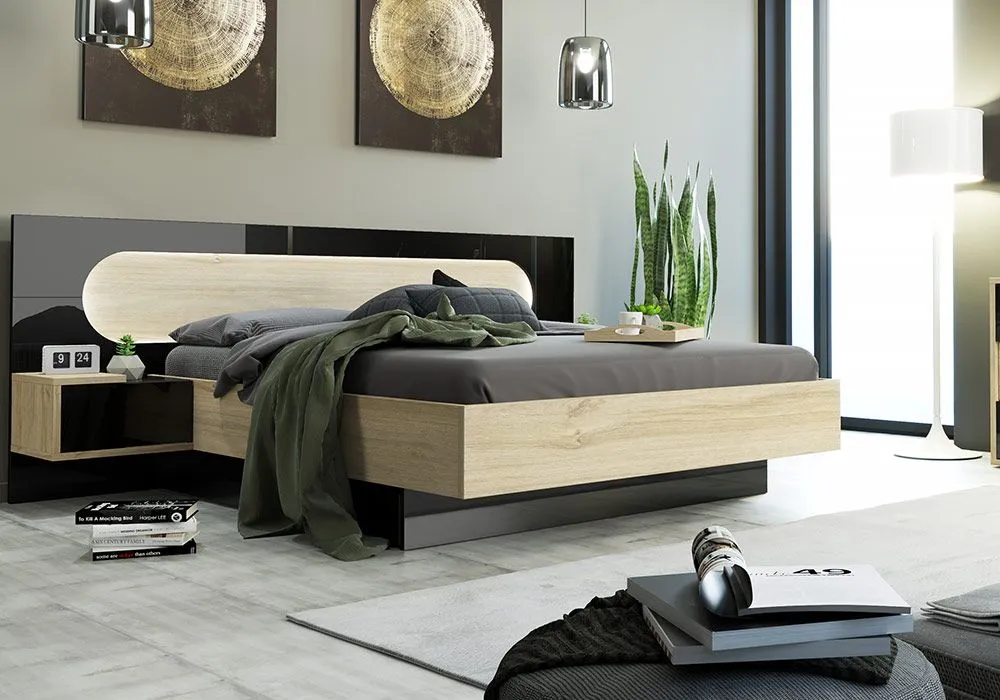 Lit Environnement 140x190cm avec LED (Collection Aveiro Noir)