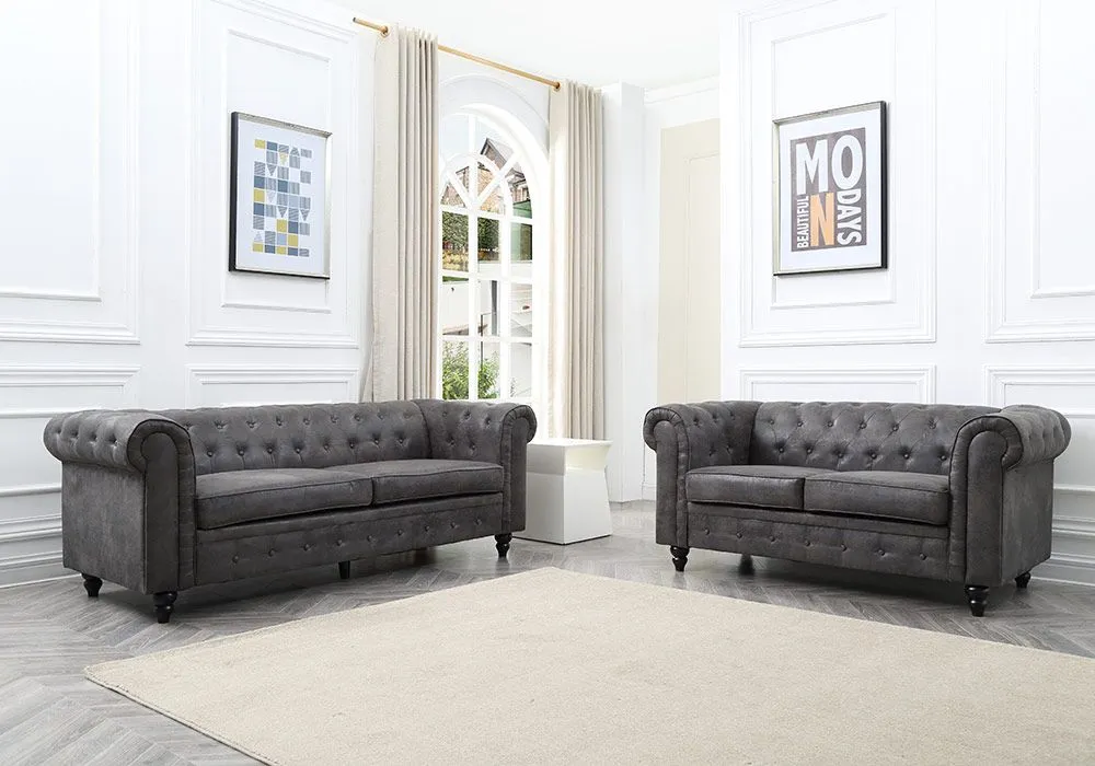 Canapé 3 Places Vintage Gris Salon Chesterfield – Image 7