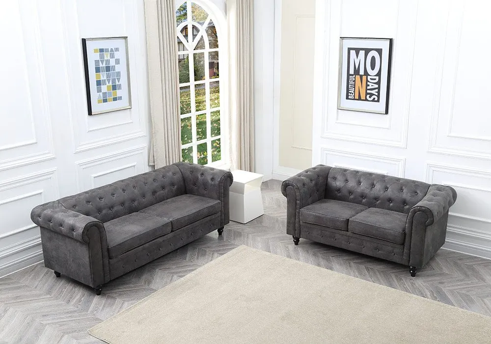 Canapé 3 Places Vintage Gris Salon Chesterfield – Image 6