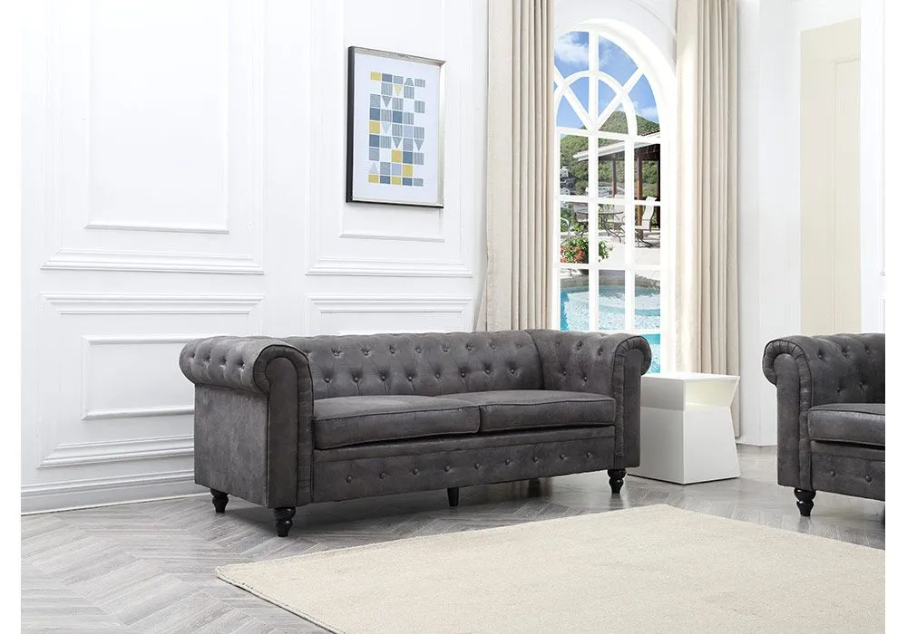 Canapé 3 Places Vintage Gris Salon Chesterfield – Image 4