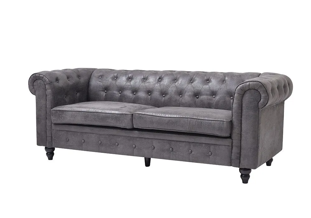 Canapé 3 Places Vintage Gris Salon Chesterfield – Image 2