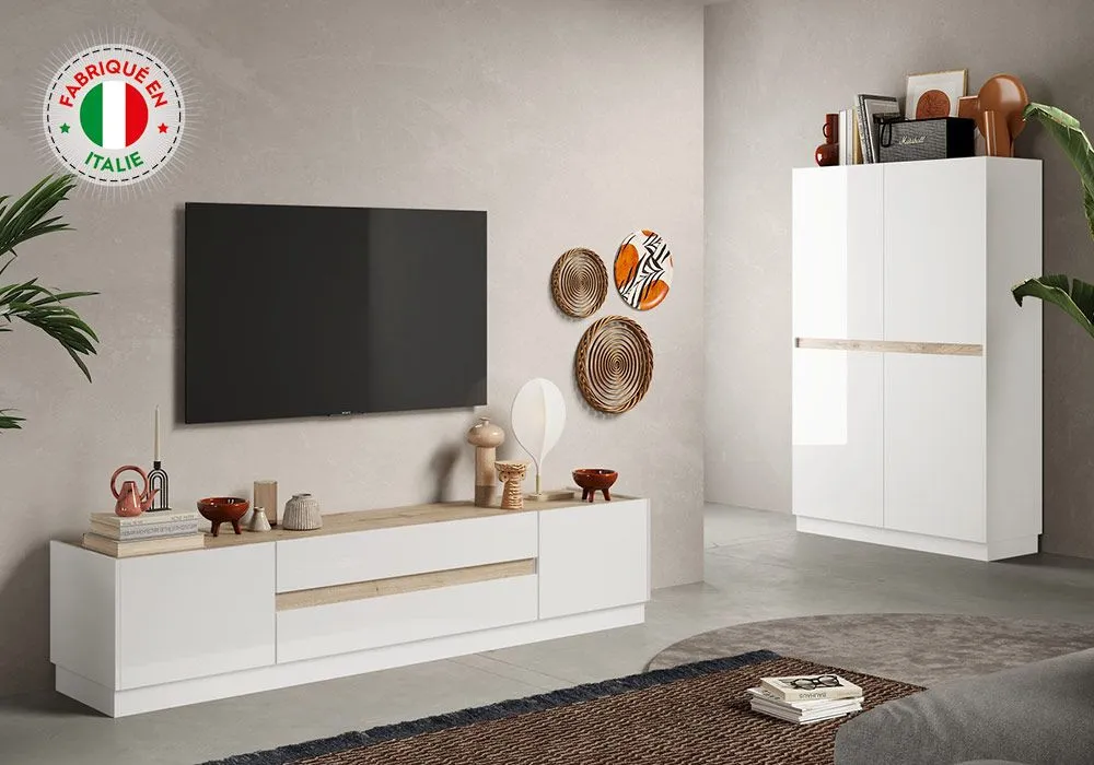 Meuble TV 2 Portes 2 Tiroirs (Collection Zaria Blanc/Chêne)