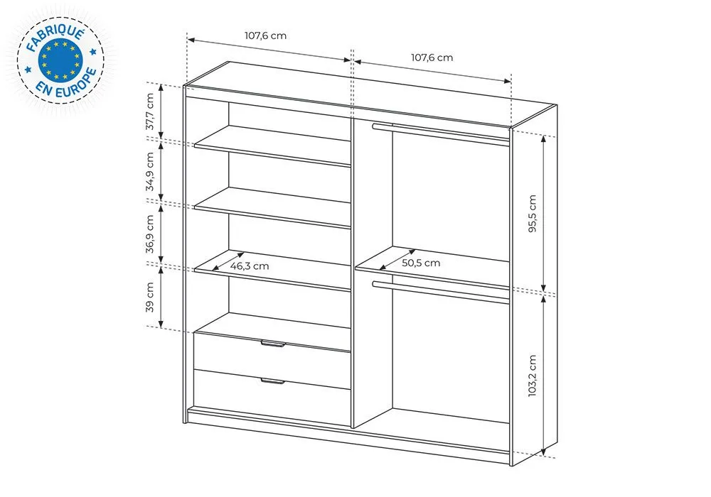 Armoire 4 Portes 2 Tiroirs avec Miroir LED (Collection Tally) – Image 3