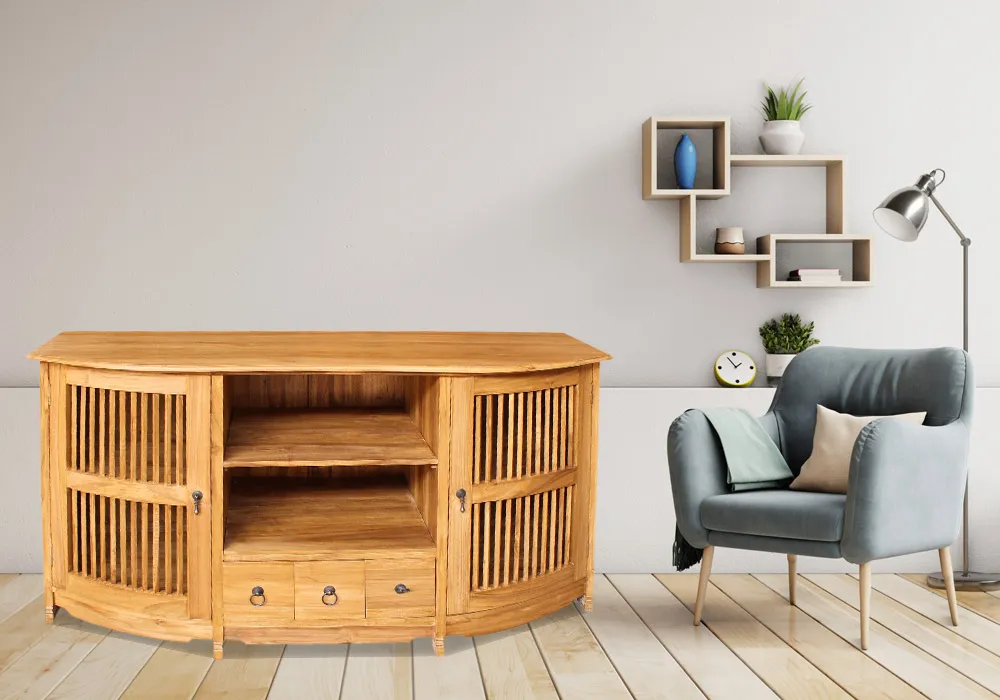 Meuble TV Teck 2 Portes 3 Tiroirs Ruji