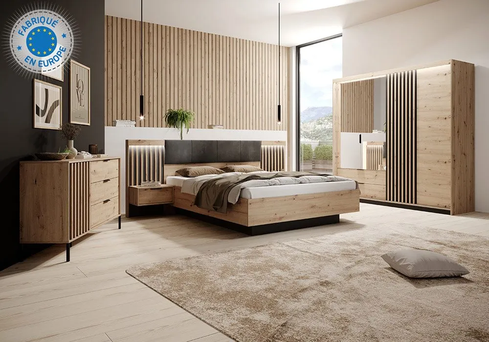 Lit LED 160x200cm avec 2 Chevets (Collection Tally)